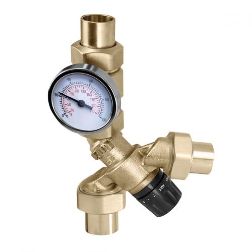 Caleffi 520516AC 3/4" 3-Way Press Union AngleMix Thermostatic W/Gauge & Check Valve